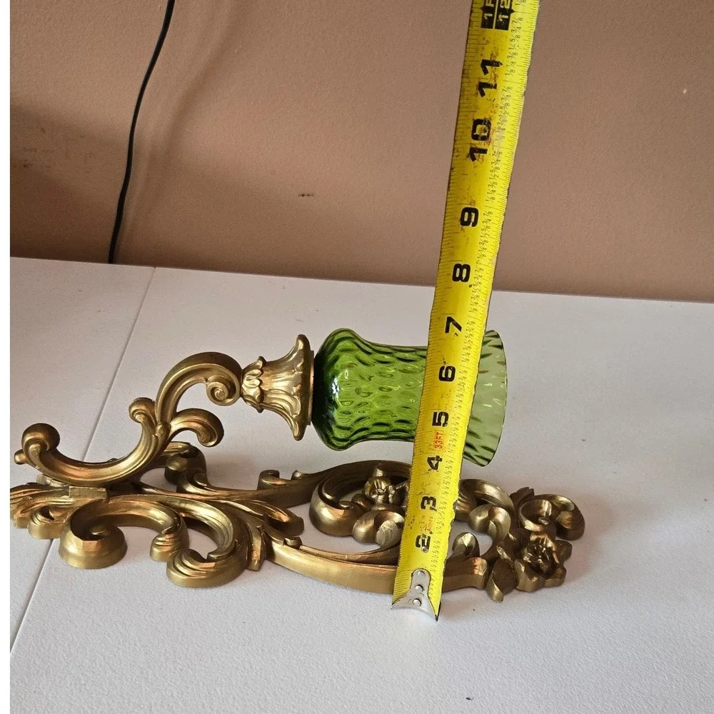 Vintage 1971 HOMCO 4119 Wall Sconces Pair Green Glass Gold Hollywood Regency